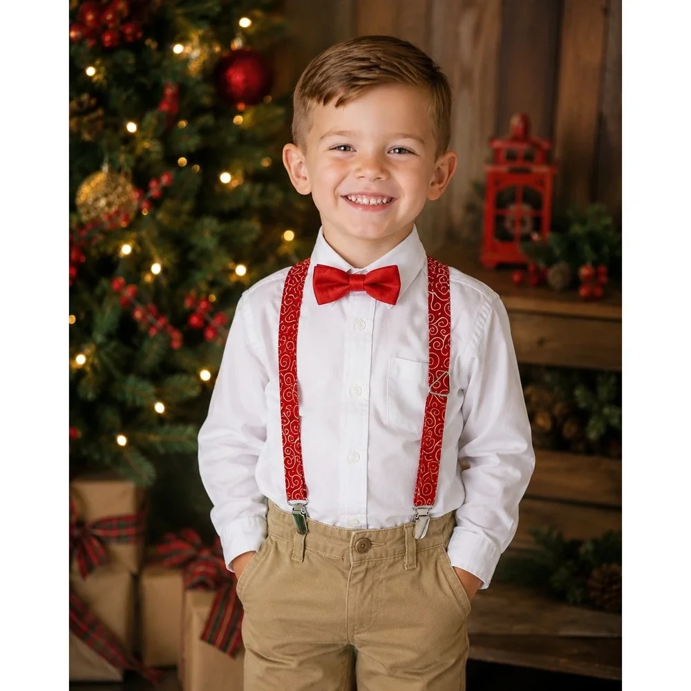 Child's Adjustable Red Gold Swirl Suspenders Elastic Clip-On Holiday Dress Up